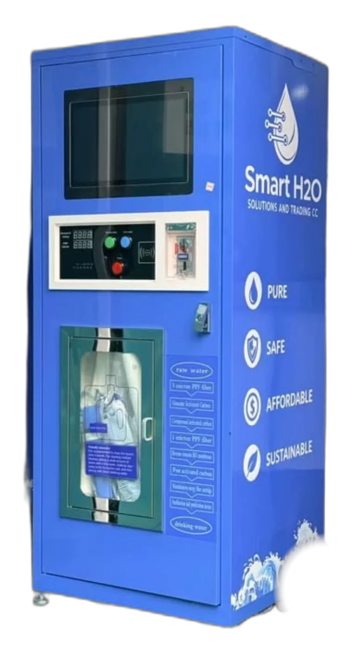 Smart H₂O branded water vending machine with PURE, SAFE, AFFORDABLE and SUSTAINABLE panel